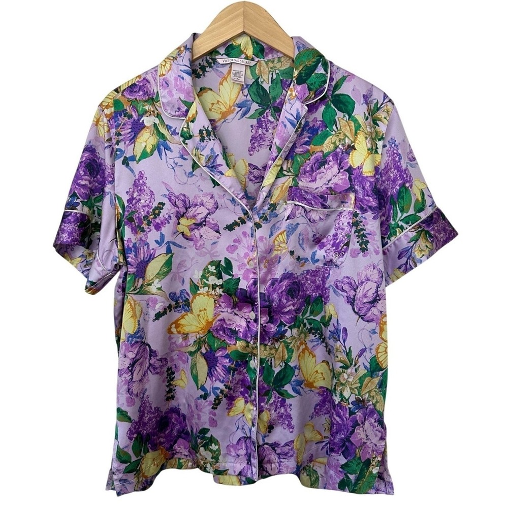 Victoria's Secret Silky Floral Sleepshirt Womens Medium Purple Logo Chest Pocket